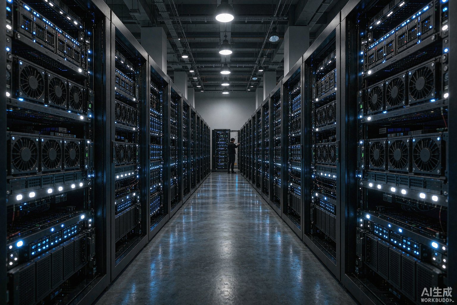 مسؤول تكنولوجيا المعلومات وباحث يديران بيانات المستندات في غرفة خادم داخل الشركة